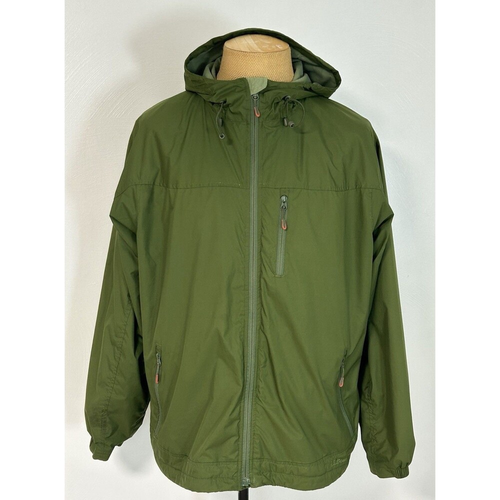 LL Bean Jacket Mens Large Green Full Zip  Lightweight Windbreaker Hooded Logo